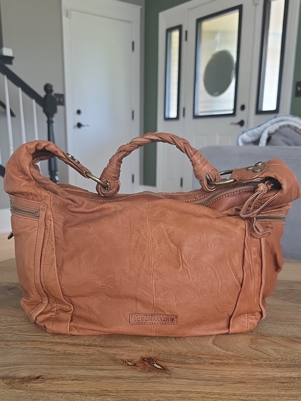 BCBGMaxAzria Cognac Braided-Handle Leather Shoulder Bag